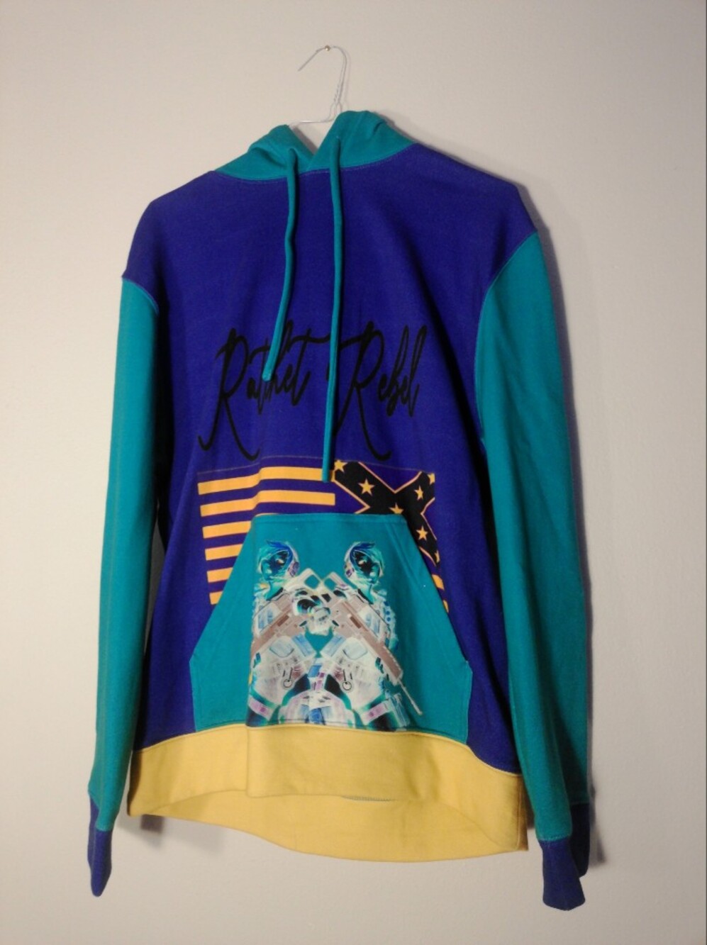 Men's Purple Hoodie with Teal Hood and Yellow Accents